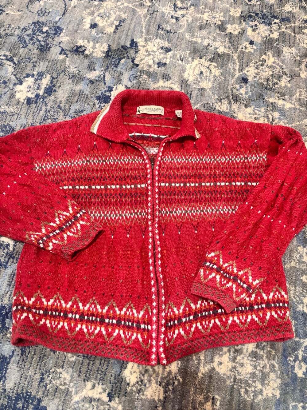 Marsh Landing Zip Up Sweater Size M Red Fair Isle